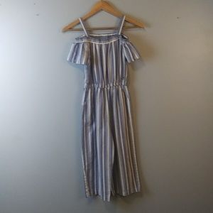 Bebe Girls Jumpsuit Blue and White Pinstripe Ruffle Cold Shoulder Size 1…
